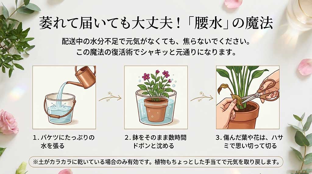 配送中に元気がない場合に役立つ「腰水」の手順(バケツに沈める)と、傷んだ花をハサミで切るメンテナンス方法を説明したイラスト付きスライド