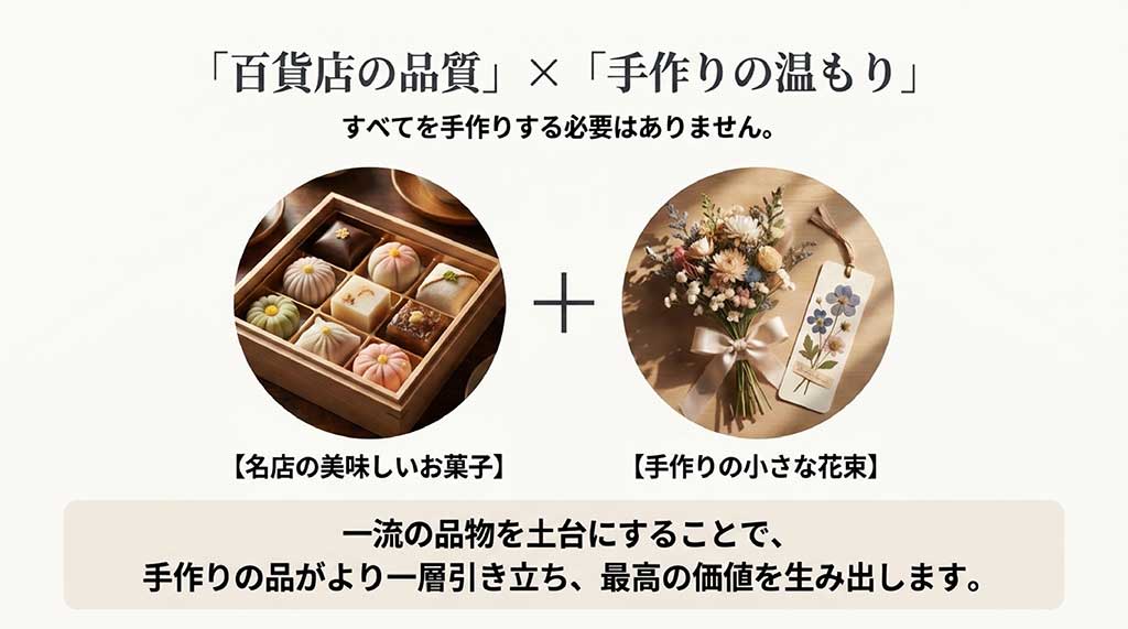 名店の和菓子と手づくりの小さな花束を組み合わせ、最高の価値を生み出すギフトイメージ