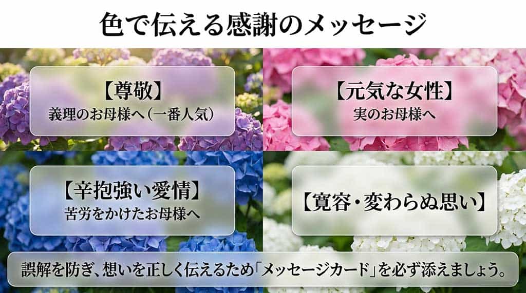紫(尊敬)、ピンク(元気)、青(忍耐)、白(寛容)の意味と、誤解を防ぐメッセージカードの重要性を説明するスライド