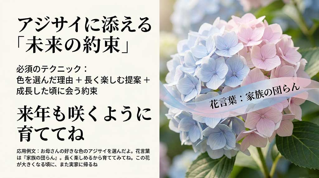 アジサイなどの鉢植えには「選んだ理由」「長く楽しむ提案」「未来の約束」を添える。花言葉「家族の団らん」も紹介