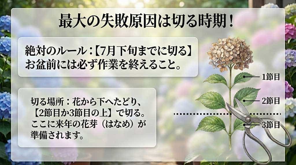 7月下旬までに2節目か3節目の上で切るという、翌年の花芽を残すための正しい剪定位置を示すスライド
