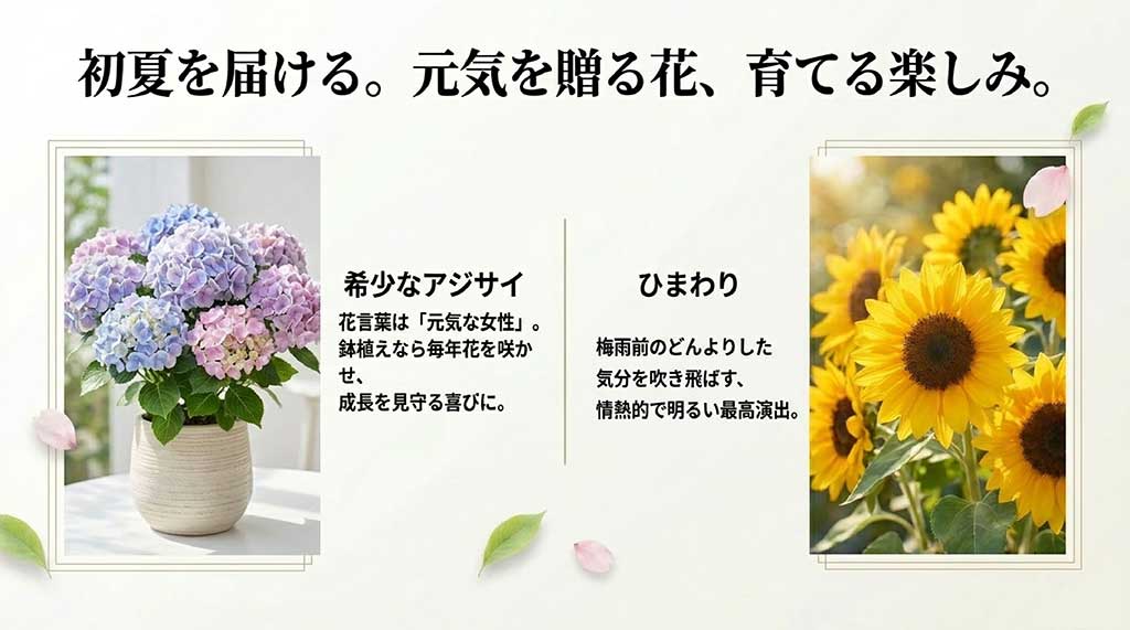 「元気な女性」の花言葉を持つ希少なアジサイと、明るく情熱的なひまわりの魅力解説