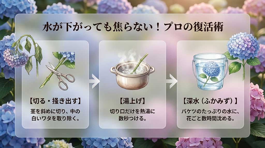 水下がりした紫陽花を「ワタ出し」「湯上げ」「深水」で劇的に復活させる手順のイラストと解説