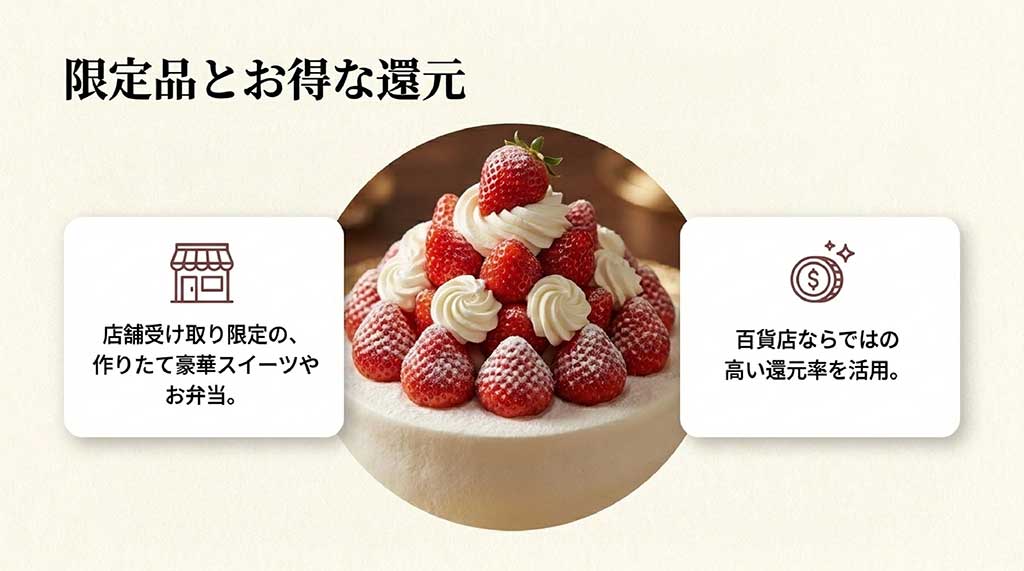 店舗受け取り限定スイーツや百貨店のポイント還元率の活用を提案するスライド