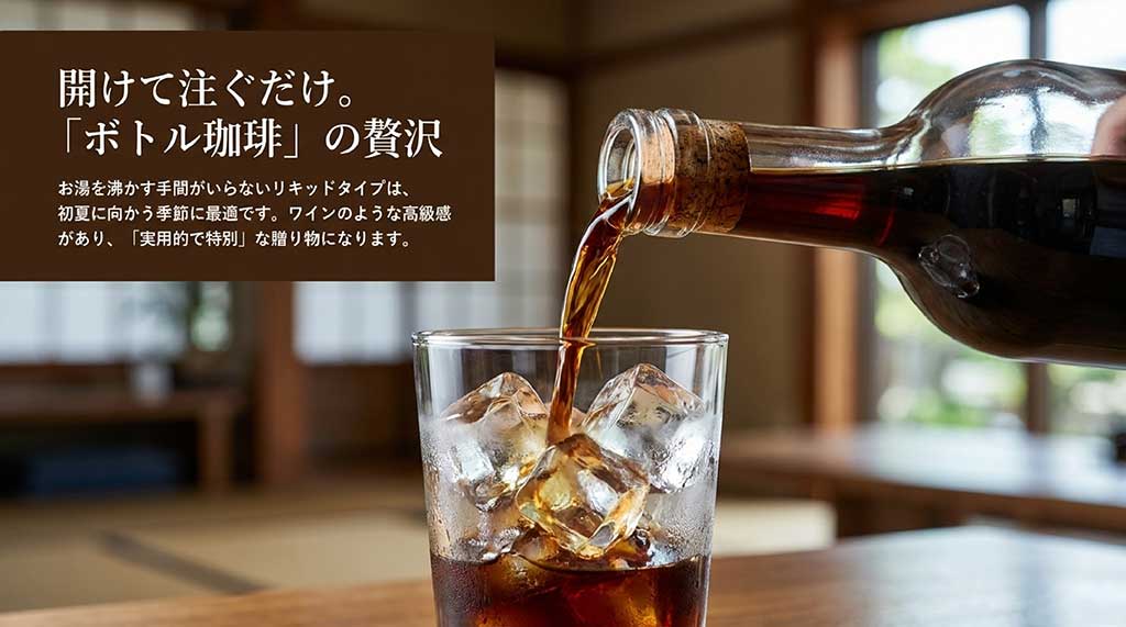 お湯不要で注ぐだけの高級感あるボトルタイプ（リキッド）コーヒーの紹介