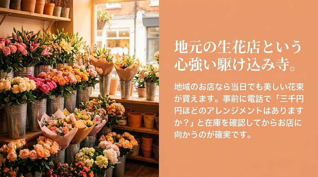 たくさんの花が並ぶ生花店の画像と、当日でも美しい花束が買える駆け込み寺としての紹介