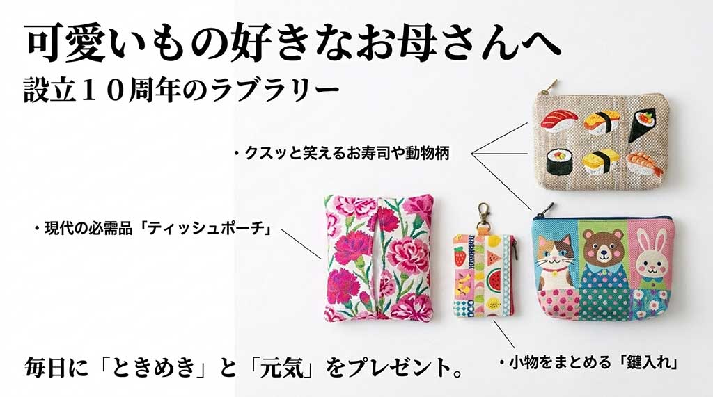 設立10周年のラブラリーバイフェイラー。可愛いもの好きなお母さんへ、ティッシュポーチや鍵入れなど日常にときめきをプレゼント