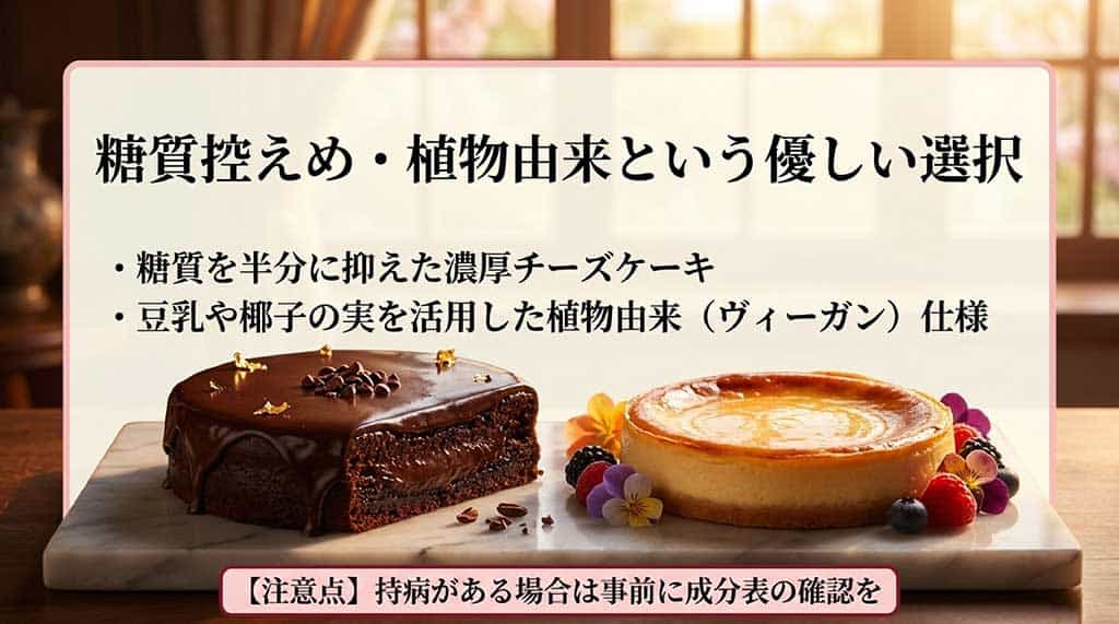 糖質を半分に抑えたチーズケーキや植物由来のヴィーガン仕様を解説する画像