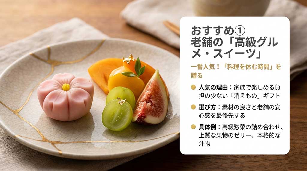 老舗の安心感を重視した高級惣菜やゼリーなど、料理を休む時間を贈るグルメギフトの解説