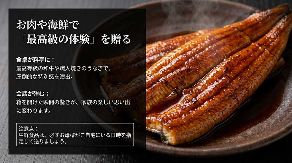和牛やうなぎで食卓を料亭に変える特別感と、生鮮食品を送る際の日時指定の注意点をまとめたスライド