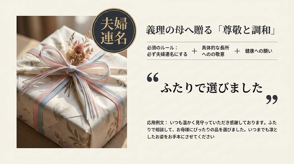 義母へは「夫婦連名」「具体的な長所への敬意」「健康への願い」がルール。上品なギフト包装の写真と例文