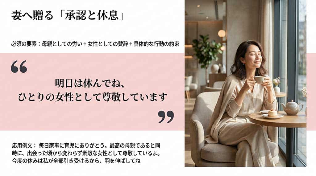 妻へは「母親としての労い」「女性としての賛辞」「具体的な行動の約束」が重要。カフェでリラックスする女性の写真と例文