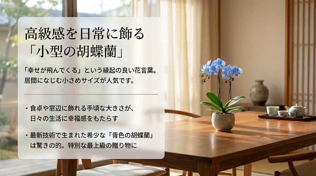 リビングに合うサイズのミディ胡蝶蘭や、世界初の青い胡蝶蘭「ブルージーン」を紹介し、縁起の良い花言葉(幸せが飛んでくる)を説明するスライド