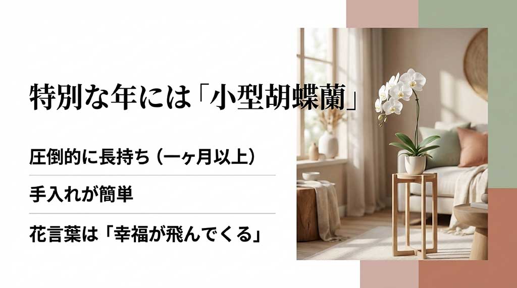 長持ちし、手入れが簡単で「幸福が飛んでくる」という花言葉を持つ小型胡蝶蘭の魅力を紹介するスライド