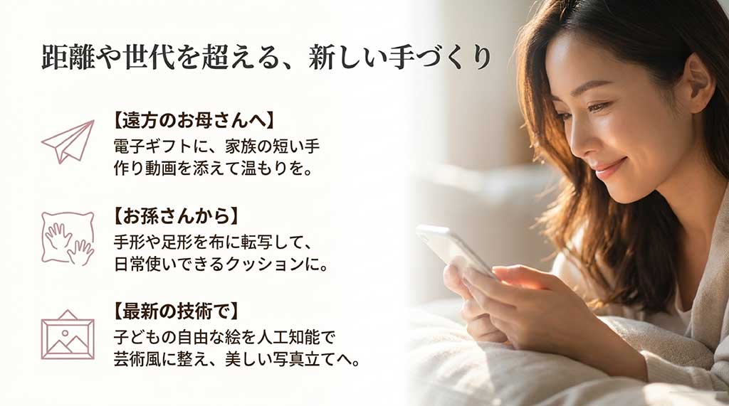 孫の手形クッションやAIを活用した子供の絵のアート化など、新しい手づくりの形