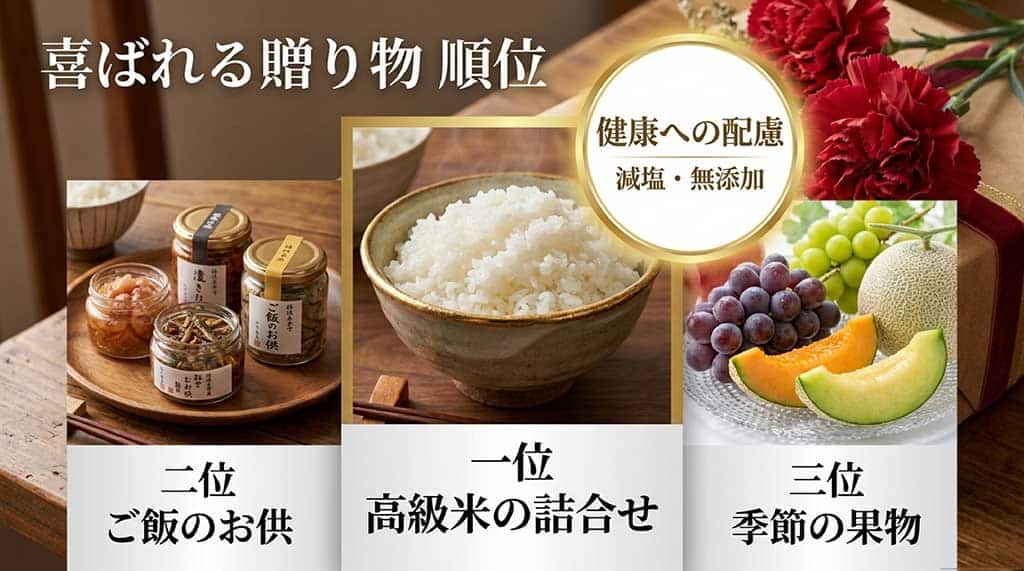 1位高級米、2位ご飯のお供、3位季節の果物などの母の日人気ギフトランキング
