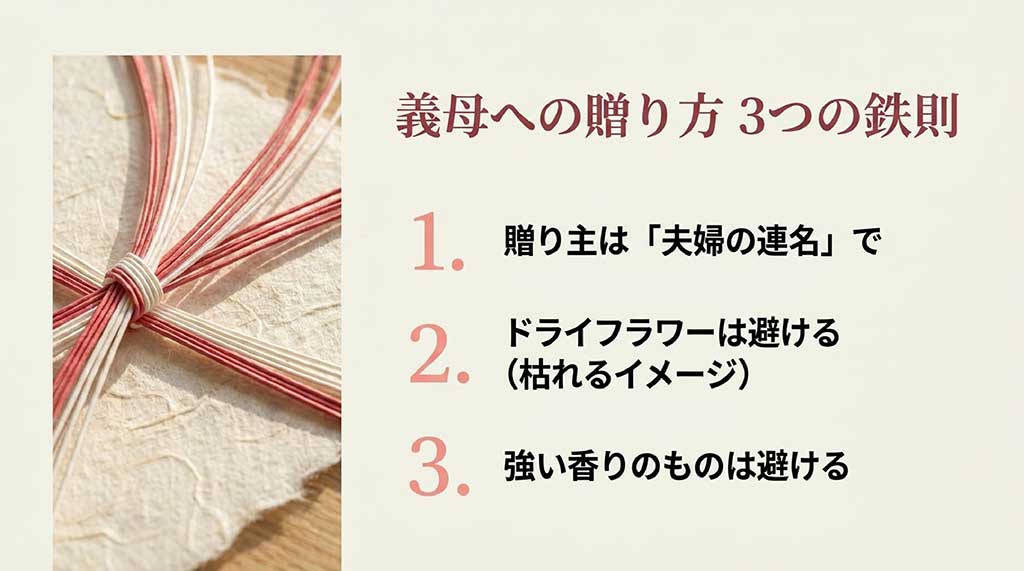 義母への贈り物で守るべき、夫婦連名・ドライフラワーを避ける・強い香りを避けるという3つの鉄則をまとめた画像