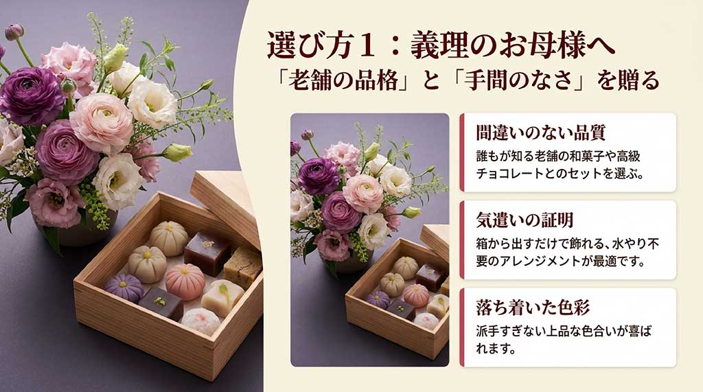 老舗の和菓子セットや水やり不要のアレンジメントなど、義母へのギフトで失敗しないポイントのまとめ