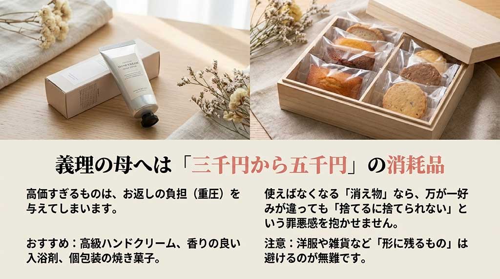 義母への気遣いとして最適な、高級ハンドクリームや入浴剤などの「消え物」ギフトの提案