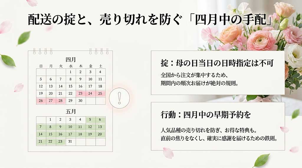 4月中の早期予約を推奨するカレンダーと、当日の日時指定不可などの配送ルール解説
