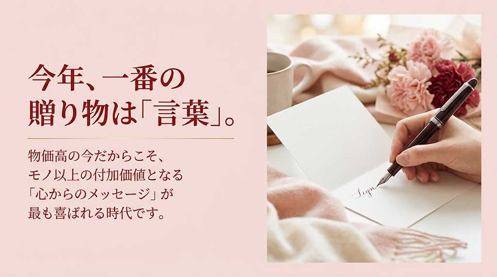 物価高の時代においてモノ以上の価値を持つ「心からのメッセージ」の重要性を説明する資料