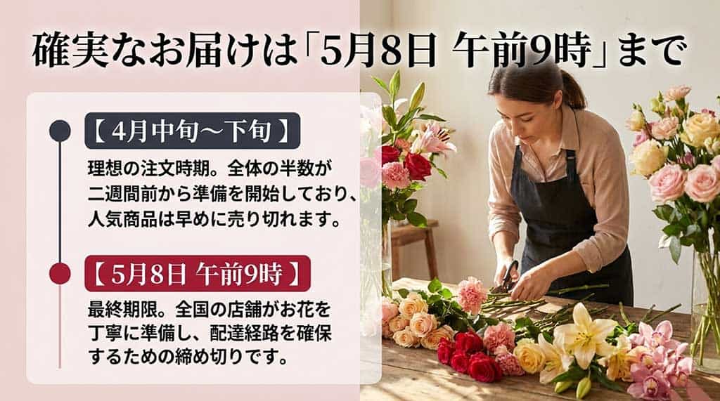理想の注文時期(4月中旬〜下旬)と最終期限(5月8日午前9時)をまとめた配送スケジュール表