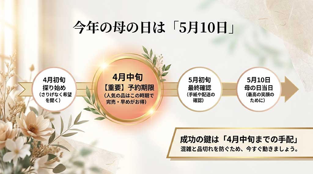 5月10日の当日に向けた、4月初旬のリサーチから4月中旬の予約期限、5月の最終確認までのカウントダウン表