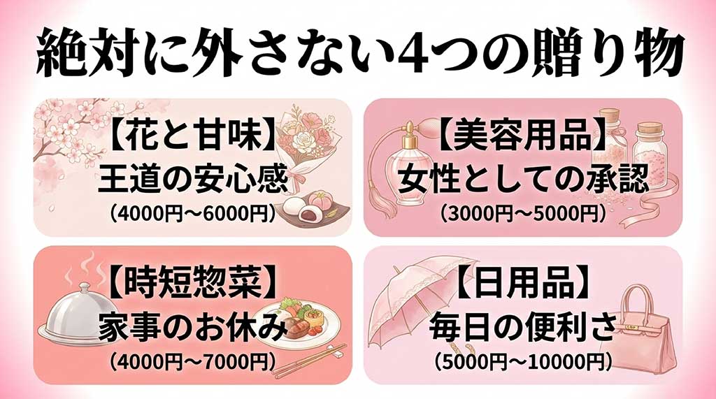 花と甘味、時短惣菜、美容用品、日用品の4つのカテゴリとそれぞれの予算目安