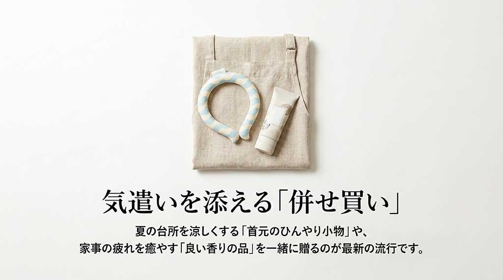 エプロンの上に置かれたアイスネックループとハンドクリームの画像。夏の台所を涼しくする小物や香りの品を提案