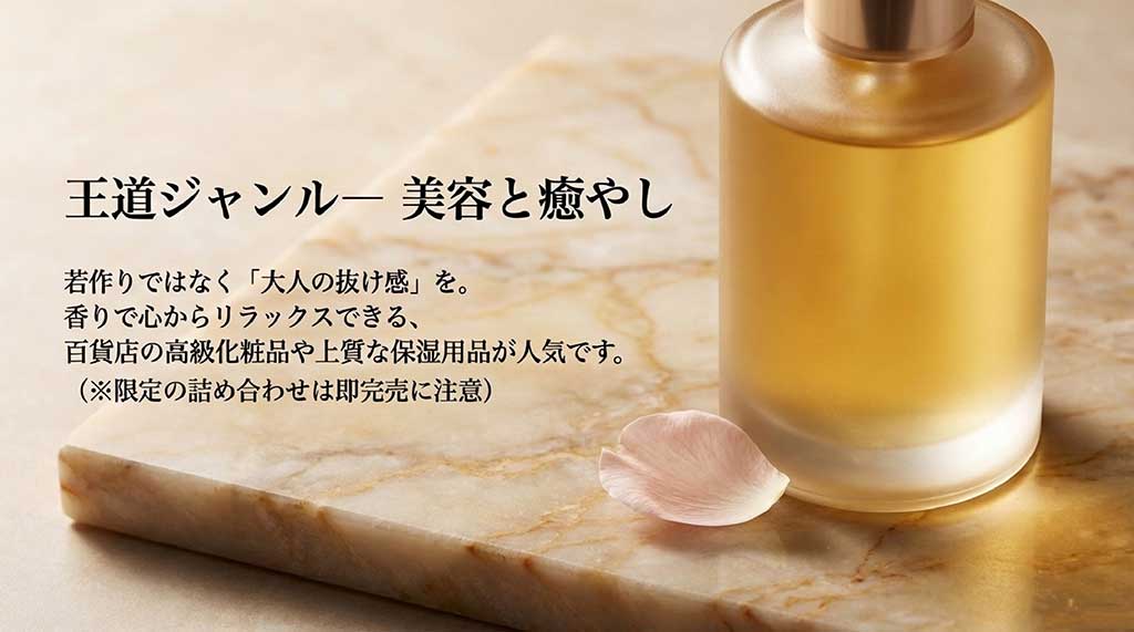 2026年の母の日美容ギフトの傾向として、大人の抜け感を重視した百貨店コスメや保湿用品のポイントをまとめたスライド