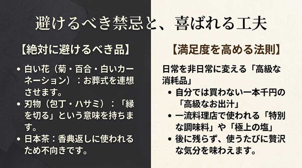 白い花や刃物などの禁忌リストと、日常を非日常に変える「高級な消耗品」の選び方を解説