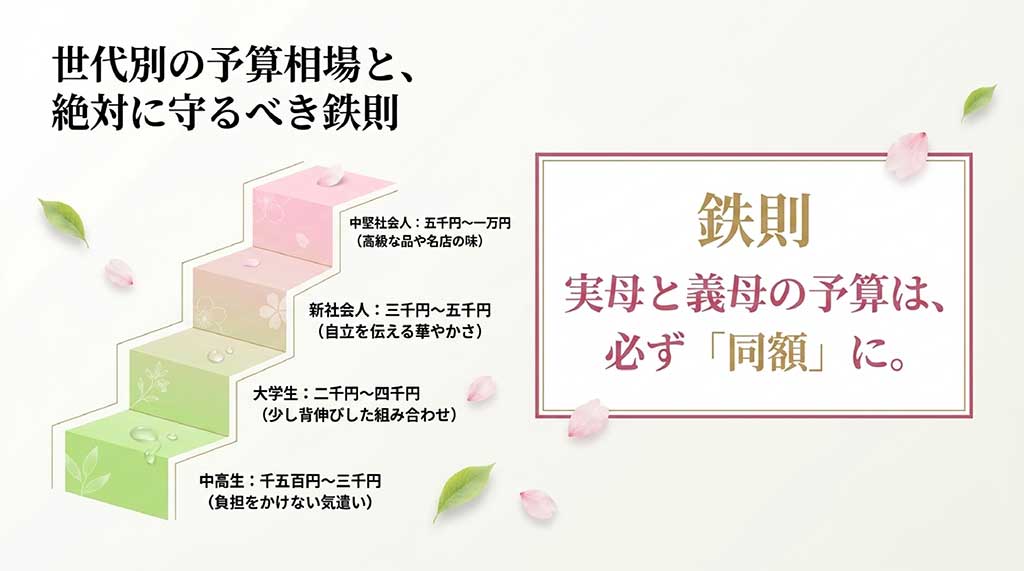 中高生から社会人までの世代別予算目安と、実母・義母の予算を同額にするという鉄則を示した図解