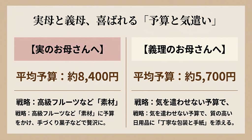 実母（約8,400円）と義母（約5,700円）の平均予算と、それぞれに喜ばれる戦略の比較表