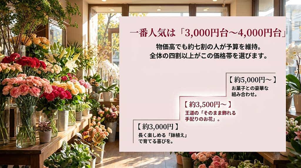 母の日の予算調査データ。物価高でも予算維持が7割、一番人気の3,000円〜4,000円台のグラフ