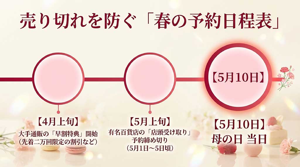 4月上旬の早割開始から、5月上旬の予約締め切りまでの流れを示した日程表画像