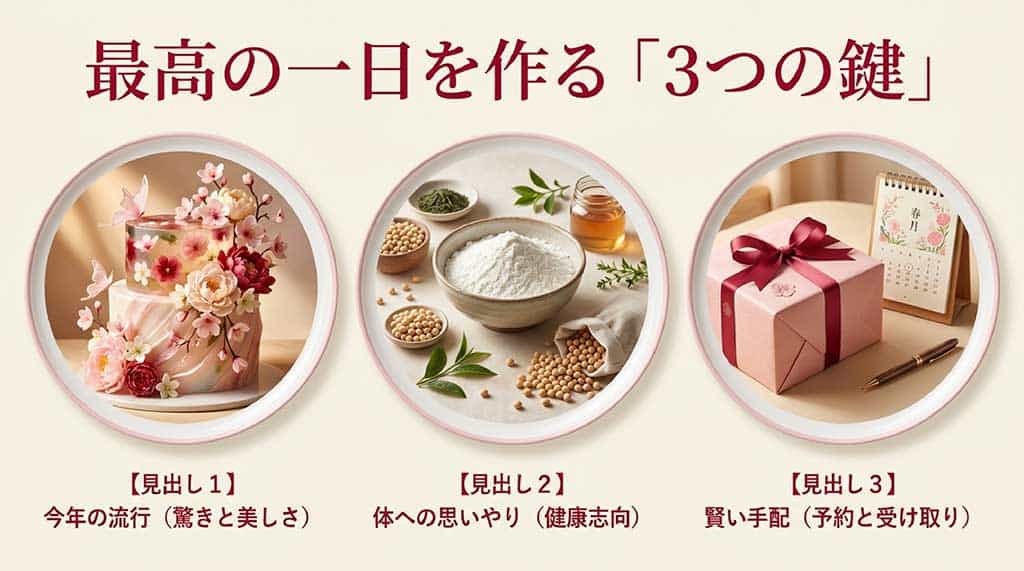 美しいケーキ、原材料、カレンダーのイラストと共に「今年の流行」「体への思いやり」「賢い手配」を説明する画像