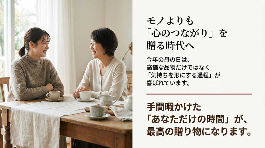 笑顔で会話する母娘と、モノよりも気持ちを形にする過程が喜ばれるというメッセージ