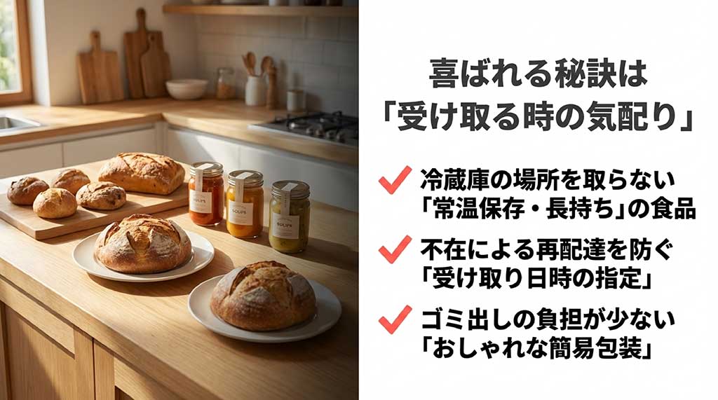 常温保存・長持ち食品、受け取り日時指定、ゴミ出し負担の少ない簡易包装など、配送面の配慮ポイント