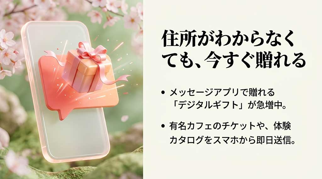 住所不要でメッセージアプリから贈れるデジタルギフトや体験カタログの紹介