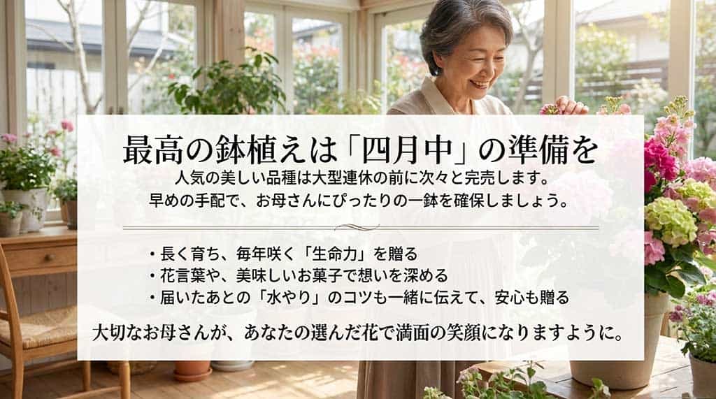 人気品種は4月中に完売するため早めの準備を推奨し、生命力を贈る喜び、花言葉、水やりのコツなどを総括したまとめスライド