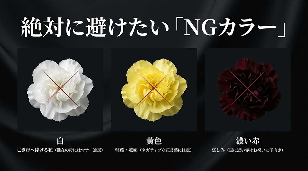 白(亡き母へ)、黄色(軽蔑・嫉妬)、濃い赤(哀しみ)など、お祝いに不向きな色の理由を解説するスライド