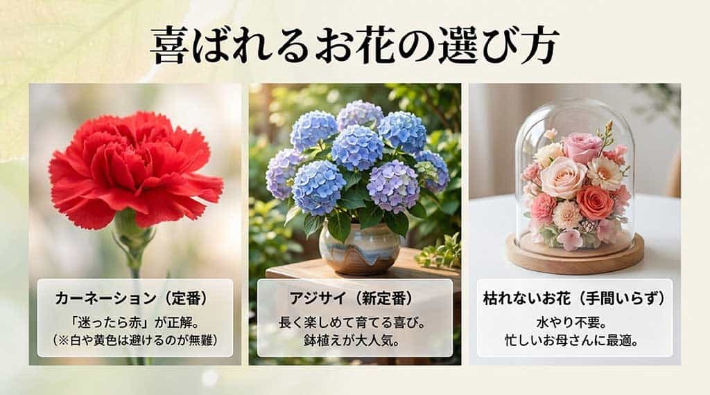 カーネーション(赤が正解)、アジサイ(鉢植えが人気)、プリザーブドフラワー(手間いらず)の選び方