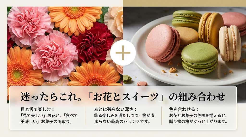 見て美しい花と食べて美味しいスイーツをセットにするメリットや、色を合わせることで格を上げるコツを紹介するスライド