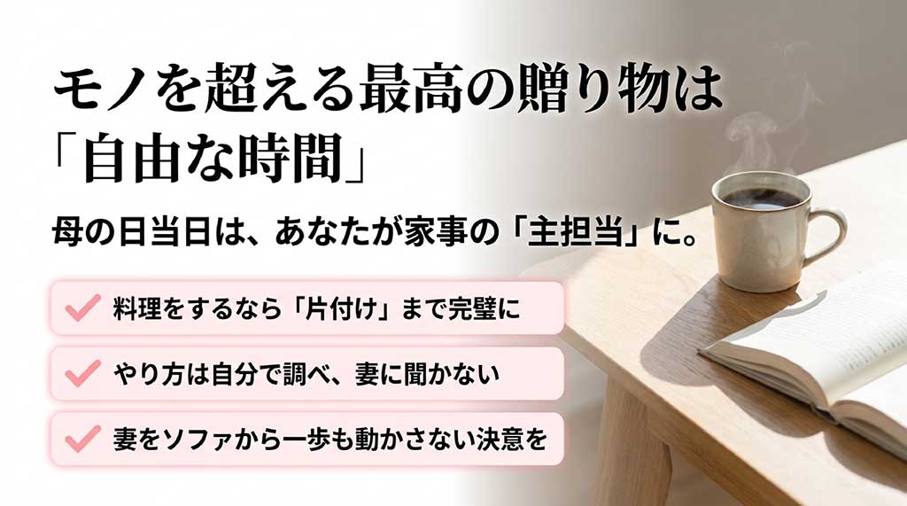 夫が家事の主担当になり、片付けまで完璧にこなし、妻をソファから動かさない決意を示すスライド