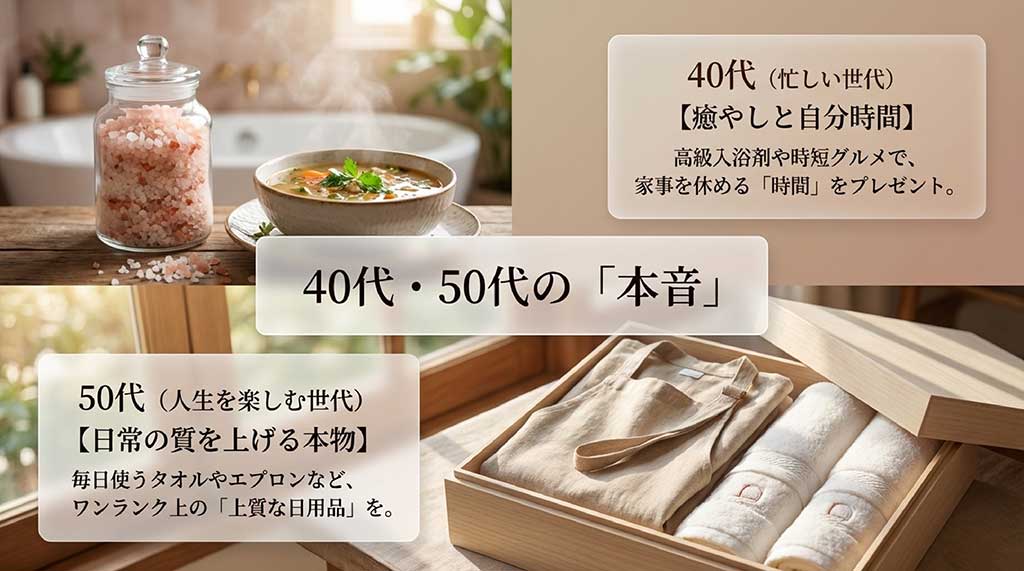 40代は「癒やしと自分時間」、50代は「日常の質を上げる本物」を求めているという年代別本音解説
