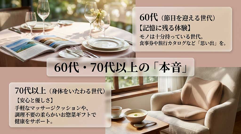 60代は「記憶に残る体験」、70代以上は「安心と優しさ（健康サポート）」を求めているという年代別解説