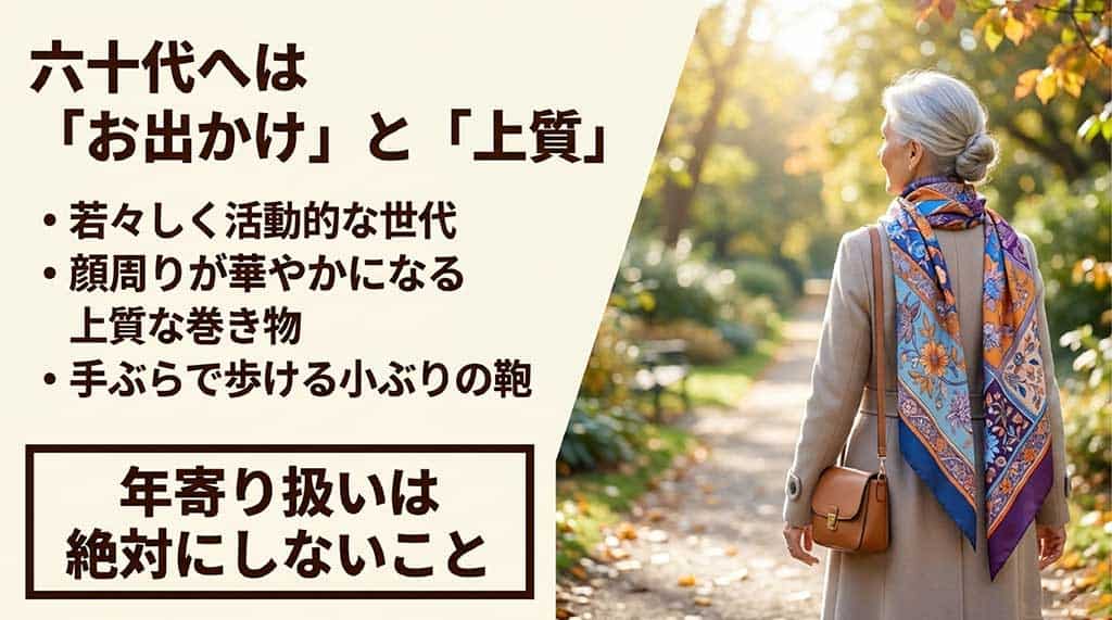 60代の義母向けに、上質なストールや小ぶりの鞄などアクティブな世代に合うギフトを提案するスライド