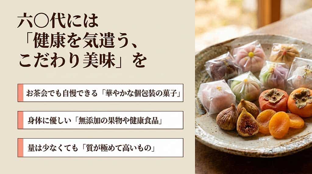 身体に優しい無添加食品や、お茶会でも自慢できる華やかな個包装の菓子など、質を重視したギフト紹介