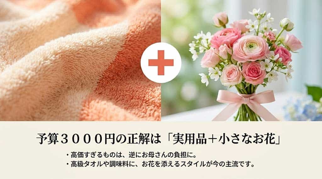 予算3000円で実用品に小さなお花を添えるスタイルを提案するスライド