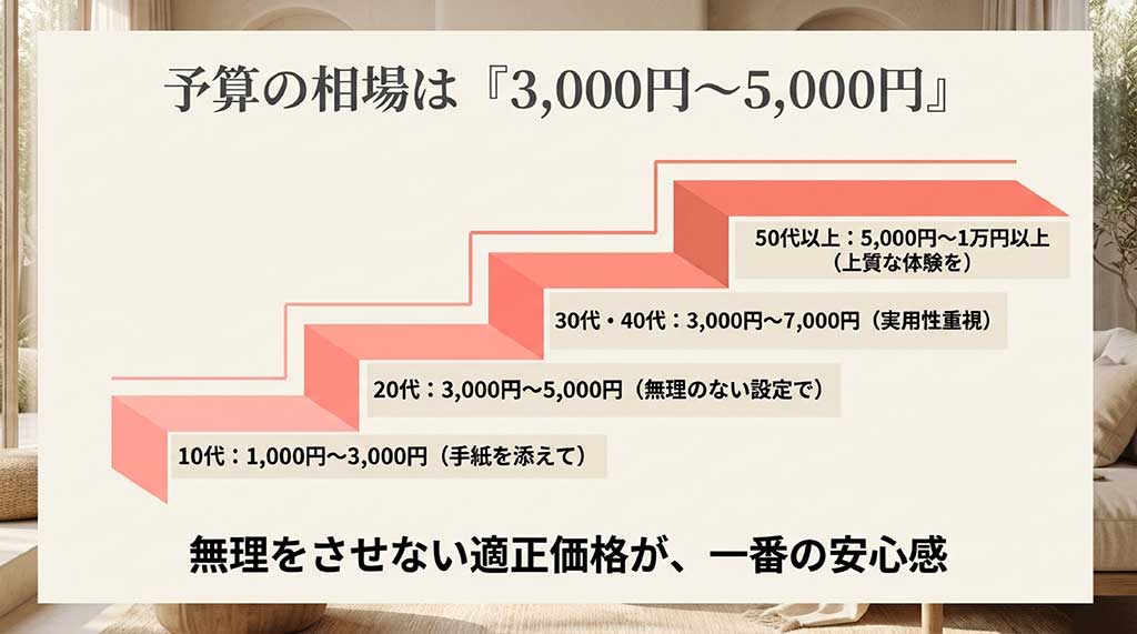 10代から50代以上まで、贈る側の年代に合わせた母の日ギフトの予算相場をまとめた図解スライド
